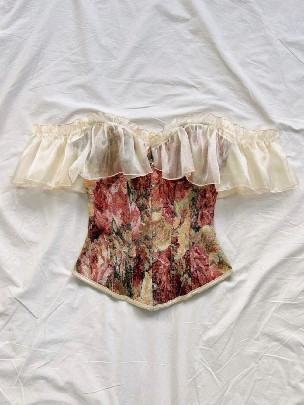 Floral Off-Shoulder Ruffle Corset Top in Ivory and Rose